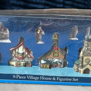 vintage unused Christmas light up village and figurines